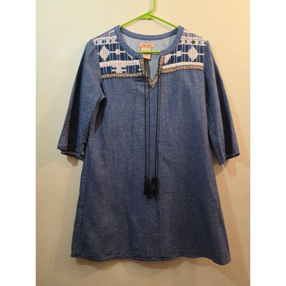 Flying Tomato Blue Denim Tunic Dress Southwestern Embroidered Tassel Size‎ Small